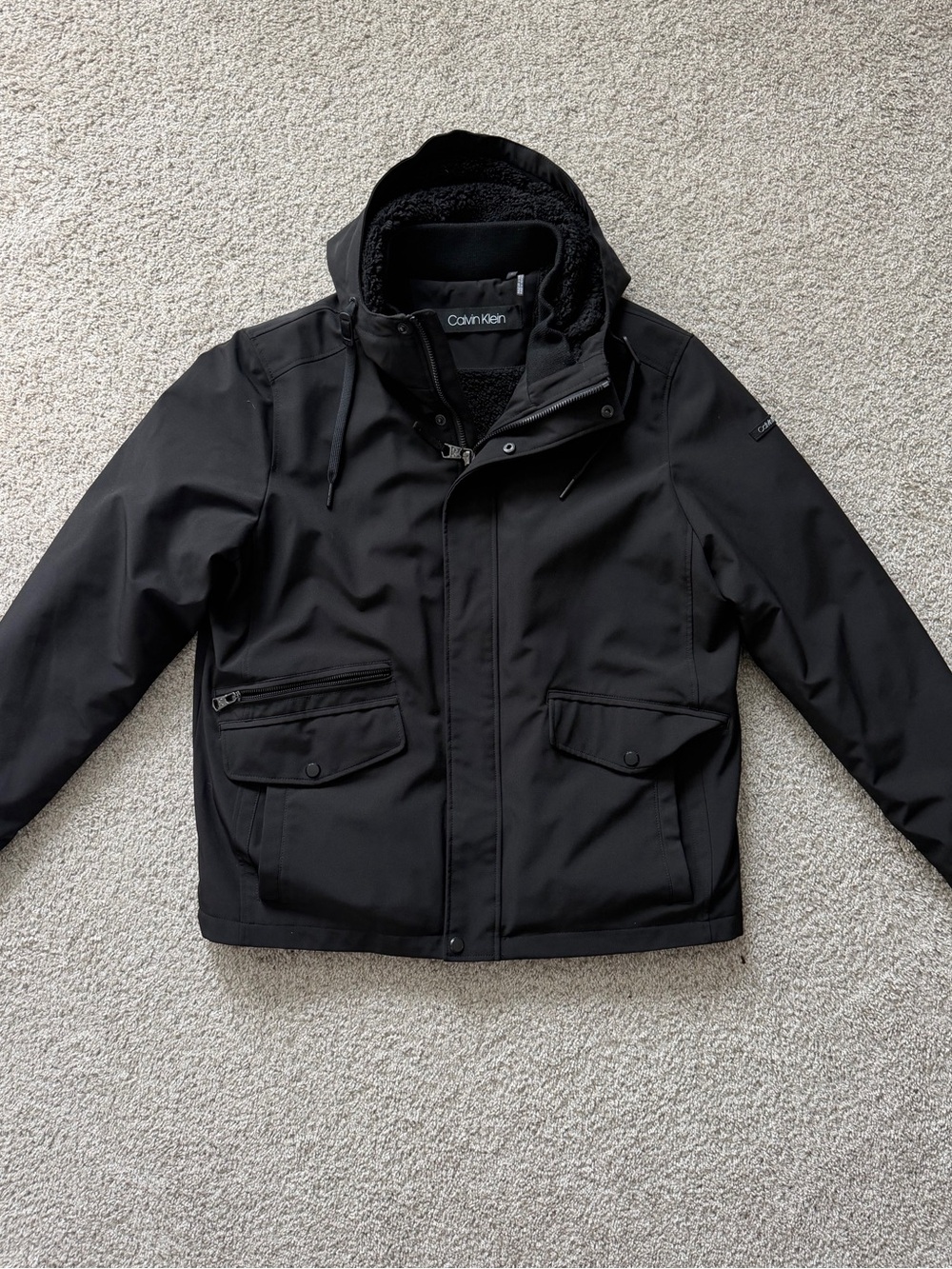 Calvin Klein Men's Black Softshell Sherpa Lined Hooded Winter Jacket Size Large